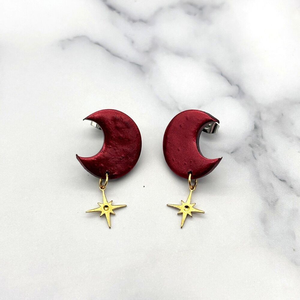 Red Moon and Star Dangle Earrings | Polymer Clay Crescent Jewelry - Picture 3 of 11